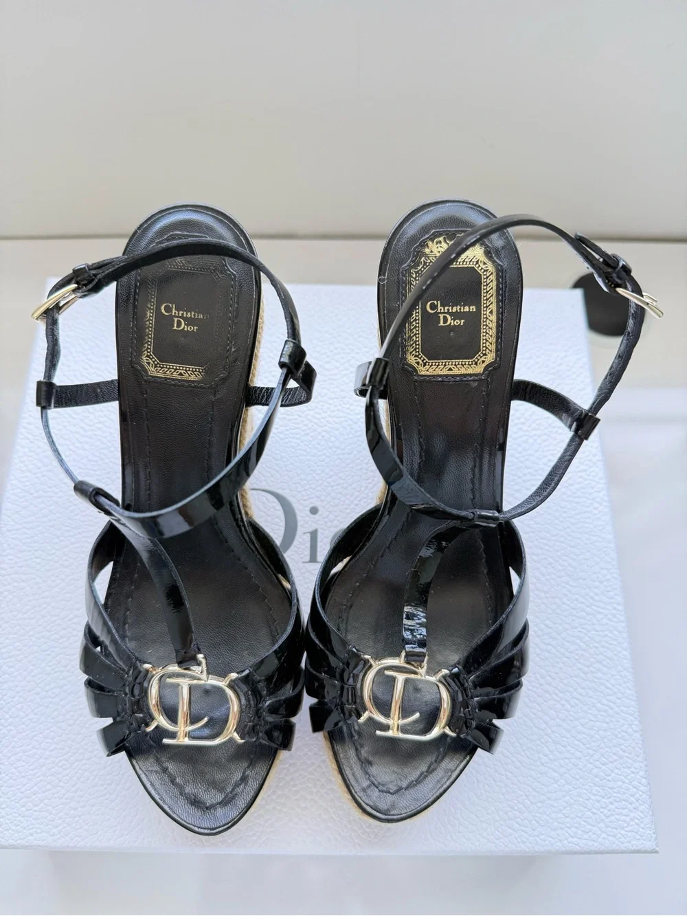 Christian Dior Black Patent Leather Espadrille Wedge Sandals | Gold CD Logo